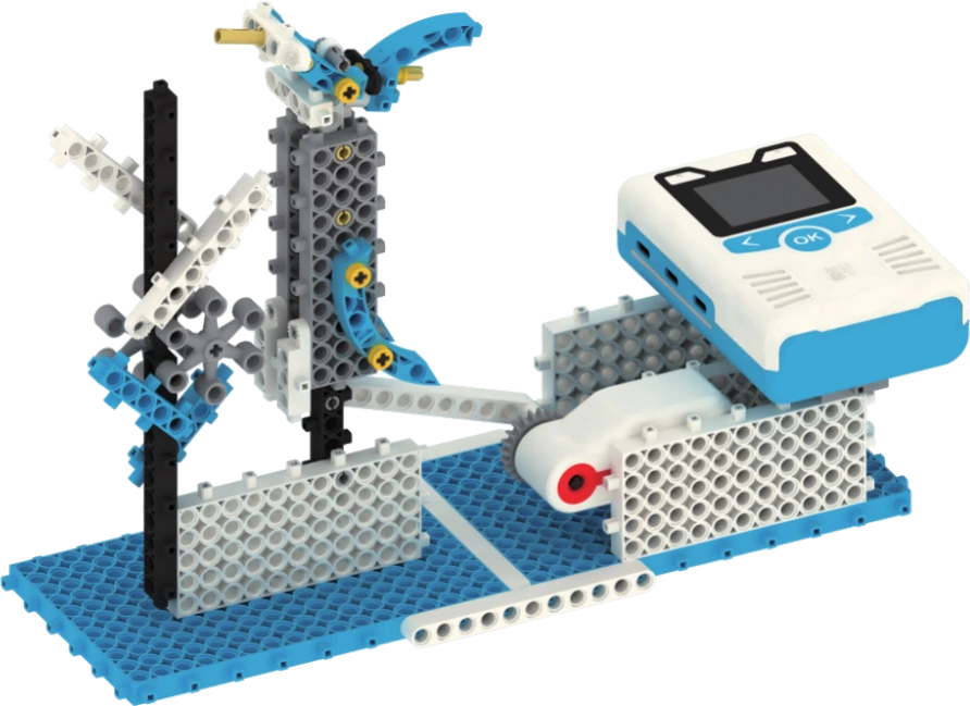 A blue-and-white modular robot with a moving mechanical arm
